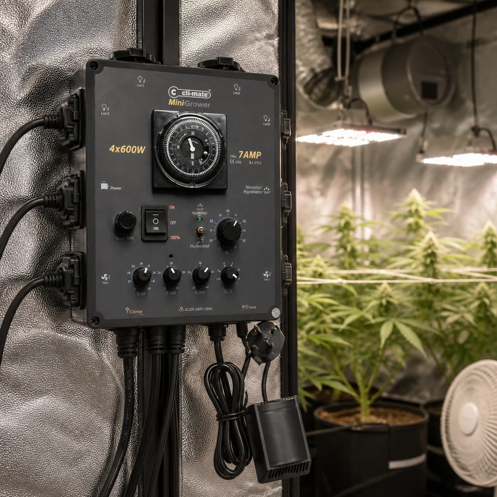 Controlador Cli-Mate Mini 4x600W con temporizador y mandos, instalado junto a plantas y luces en un armario de cultivo.