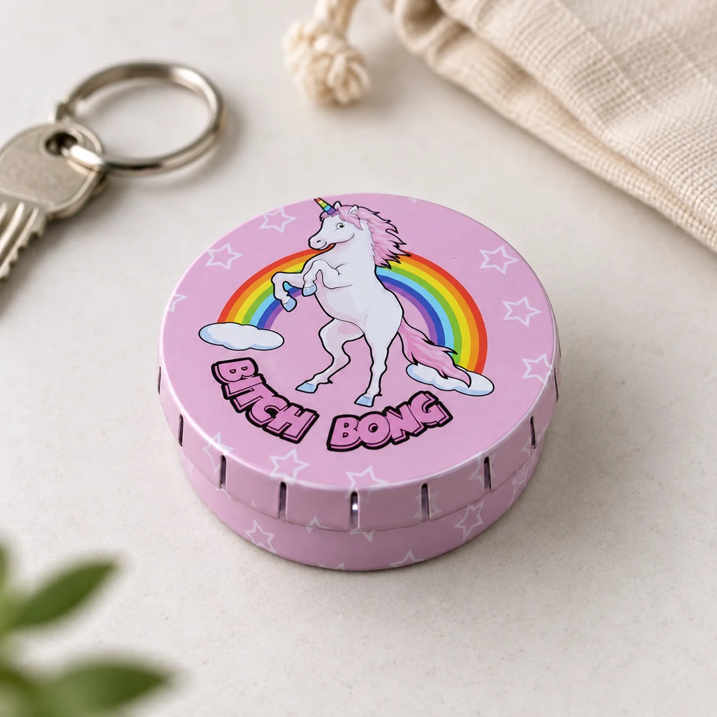 Caja redonda rosa Click Clack Bitch Bong con un unicornio, arcoíris y estrellas en la tapa, sobre una mesa junto a unas llaves.