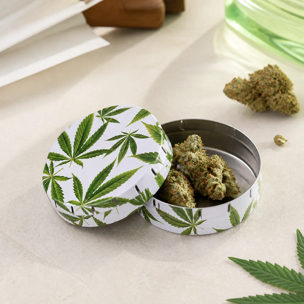 Caja Click Clack abierta con estampado de hojas de marihuana, cogollos en su interior y tapa apoyada a un lado sobre una mesa clara.