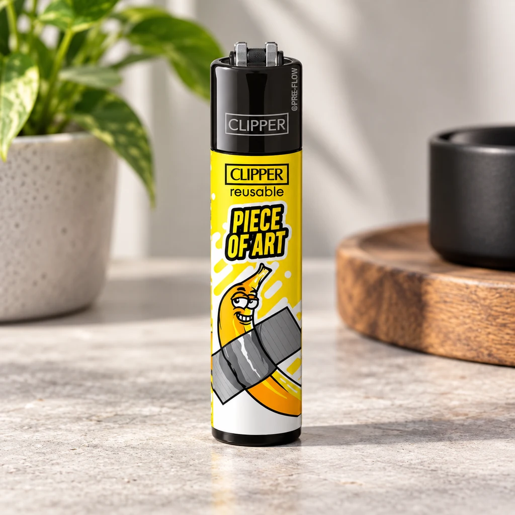 Clipper Classic Bananas amarillo con cabezal negro y dibujo de un plátano sujeto con cinta gris, de pie sobre una encimera.