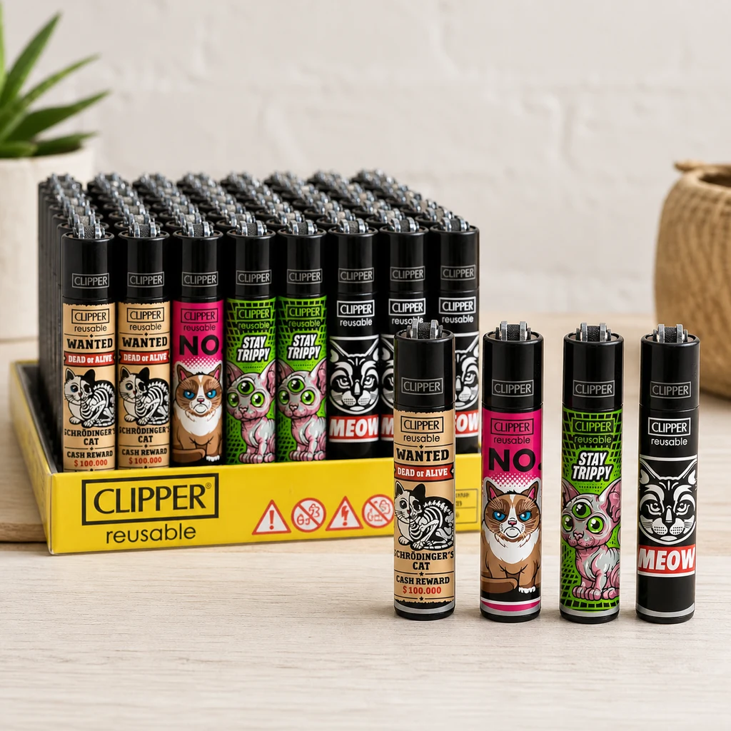 Selección de encendedores Clipper Classic Cats con cuatro diseños de gatos, alineados delante de un expositor amarillo.