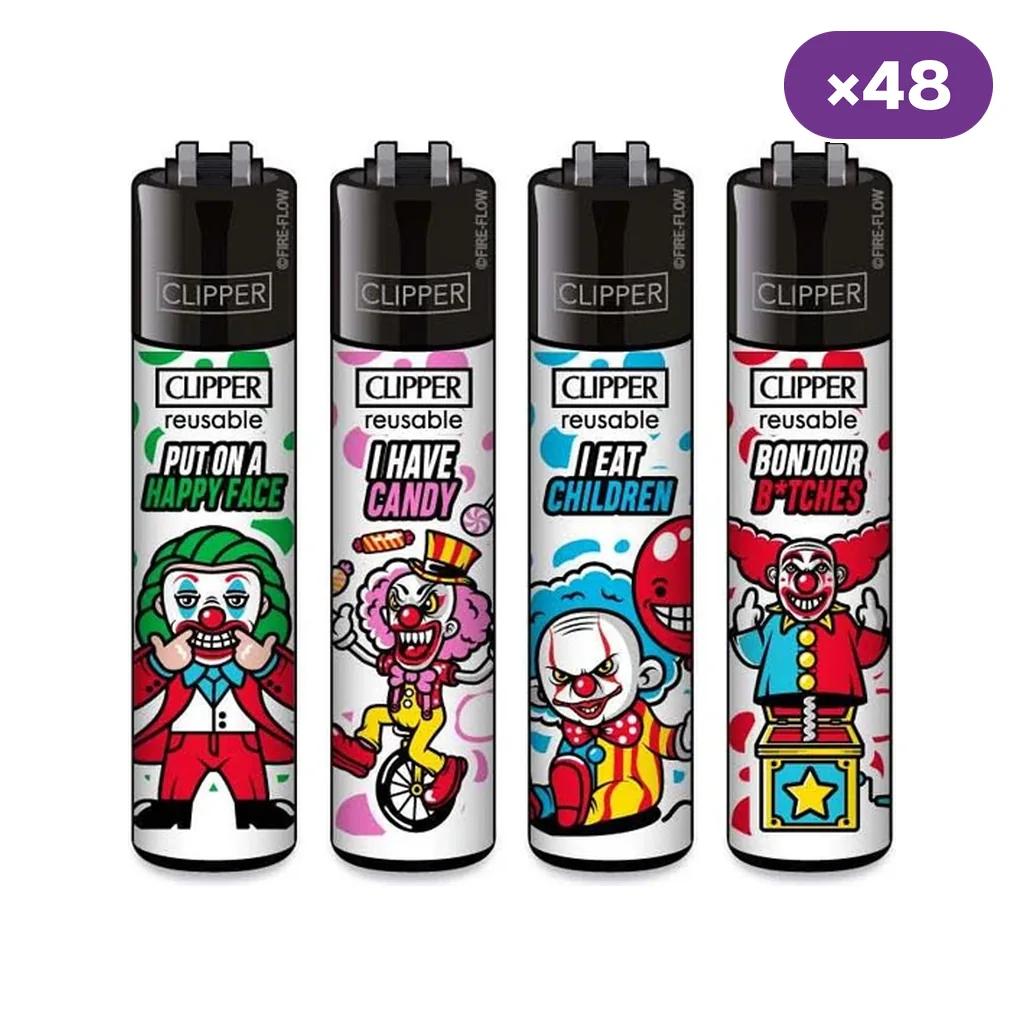 Selección de cuatro encendedores Clipper Classic Clowns con distintos payasos y frases, cabezales negros e indicación ×48.