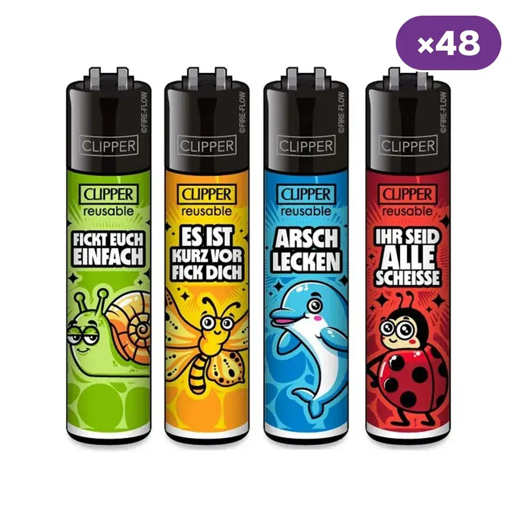 Cuatro diseños de encendedor Clipper en verde, amarillo, azul y rojo, con animales de dibujos y frases en alemán; distintivo ×48.