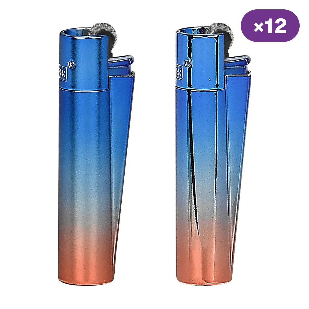 Encendedores Clipper Dawn Gradient vistos desde distintos ángulos, con acabado degradado azul y cobrizo e indicación de 12 unidades.