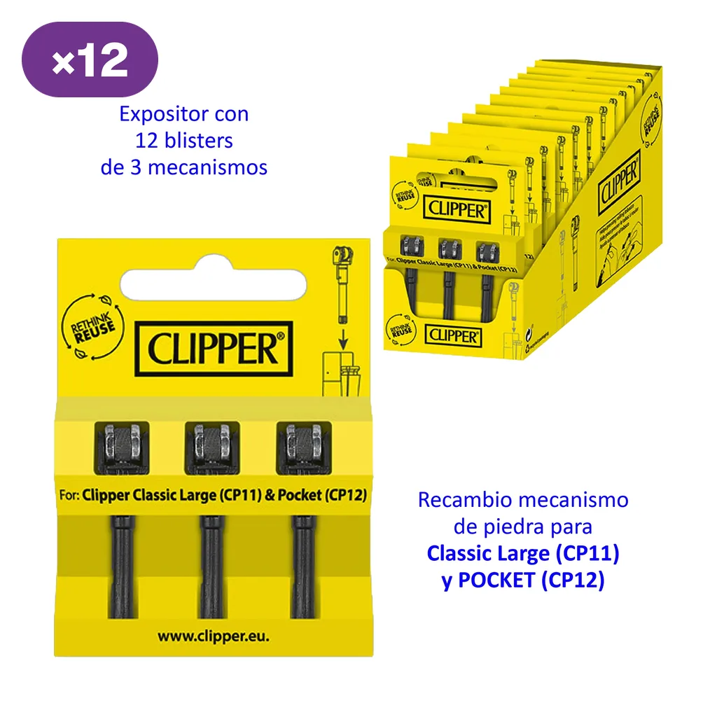 Blíster amarillo Clipper con tres mecanismos de piedra y expositor de doce blísteres, indicados para Classic Large CP11 y Pocket CP12.