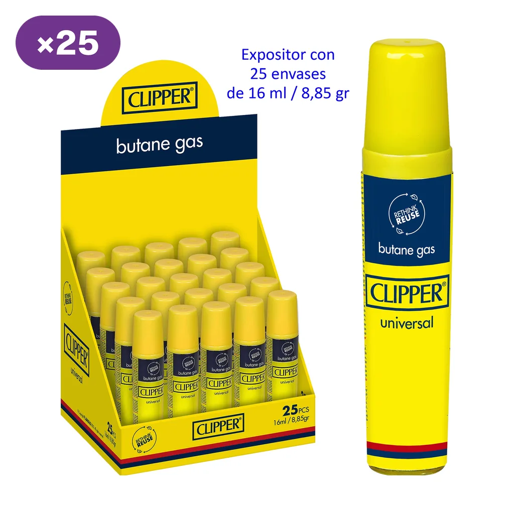 Expositor amarillo de gas butano Clipper con varios envases y uno ampliado al lado; el texto indica 25 envases de 16 ml.