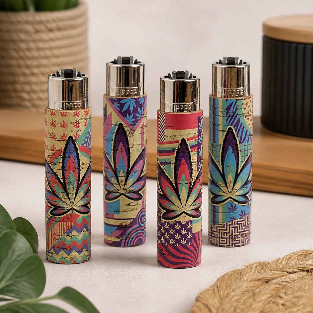 Encendedores Clipper Cork Leaves con distintos estampados multicolores y grandes hojas de cannabis sobre una mesa clara. Encendedores Clipper Cork Leaves con distintos estampados multicolores y grandes hojas de cannabis sobre una mesa clara.