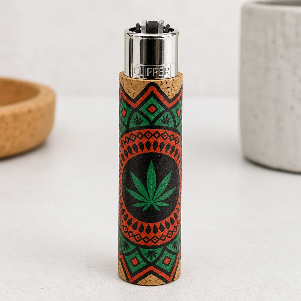 Encendedor Clipper con funda de corcho decorada con motivos geométricos rojos, verdes y negros y una hoja de cannabis central.