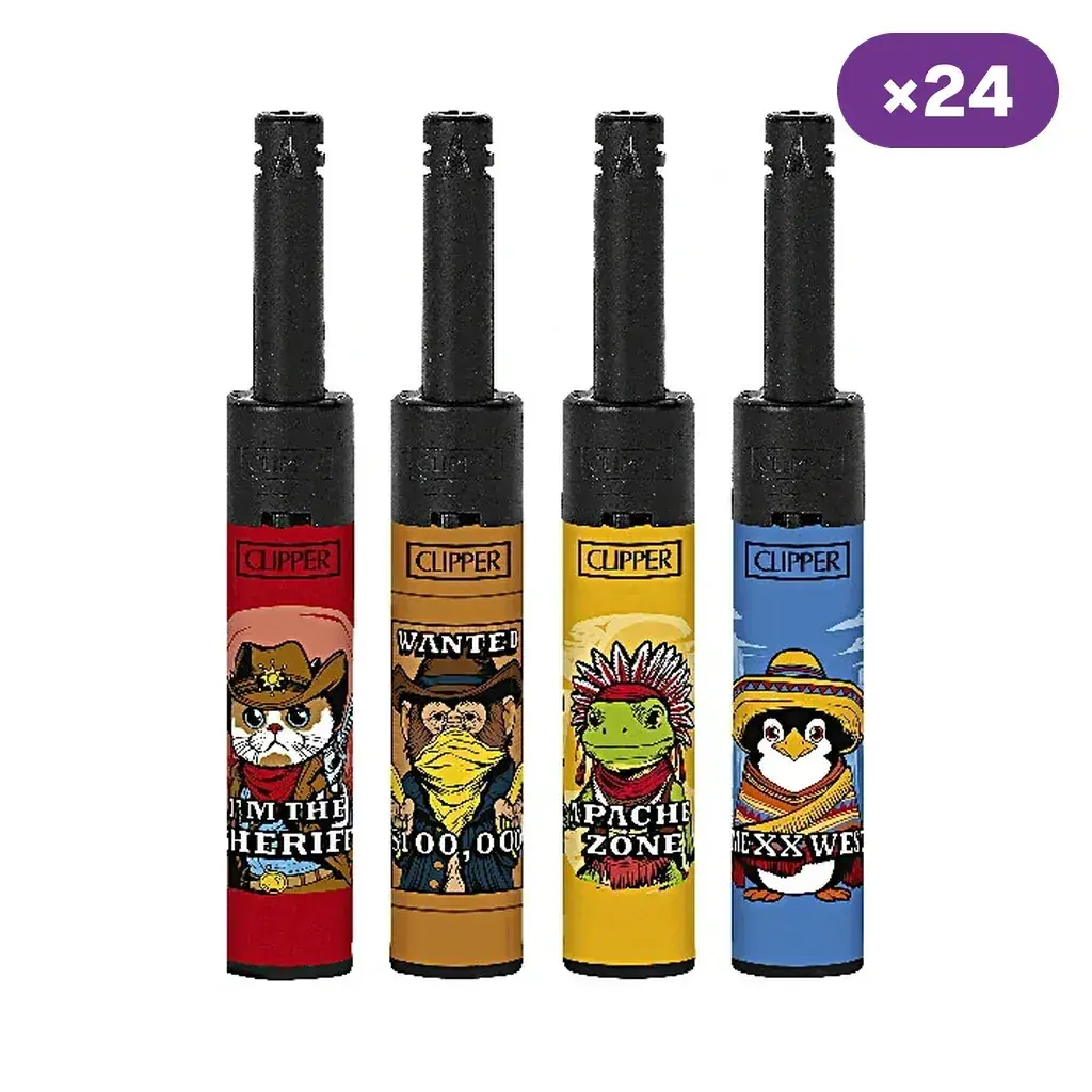 Cuatro diseños de encendedor Clipper de cuello largo negro, con animales del oeste sobre fondos rojo, ocre, amarillo y azul.