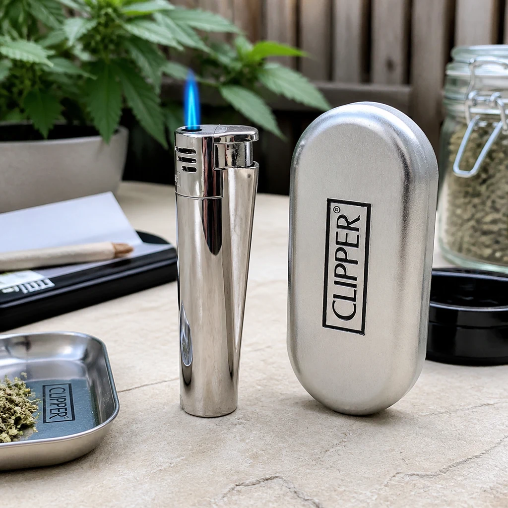 Encendedor plateado representado con llama azul junto a un estuche Clipper, sobre una mesa con bandeja, hierba y accesorios al fondo.