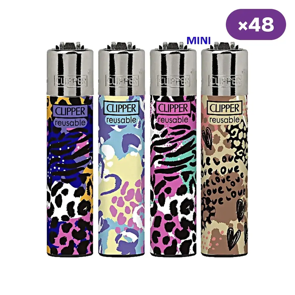 Selección de encendedores Clipper Mini Animal Textures con estampados multicolores de rayas y manchas, y distintivo de 48 unidades.