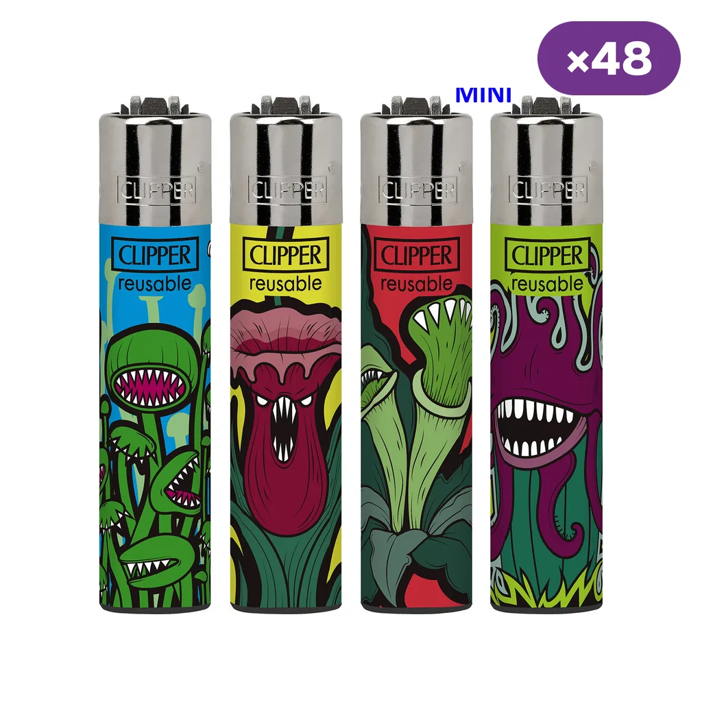Encendedores Mini Clipper con distintos diseños de plantas carnívoras de colores y dientes blancos; distintivo de 48 unidades.