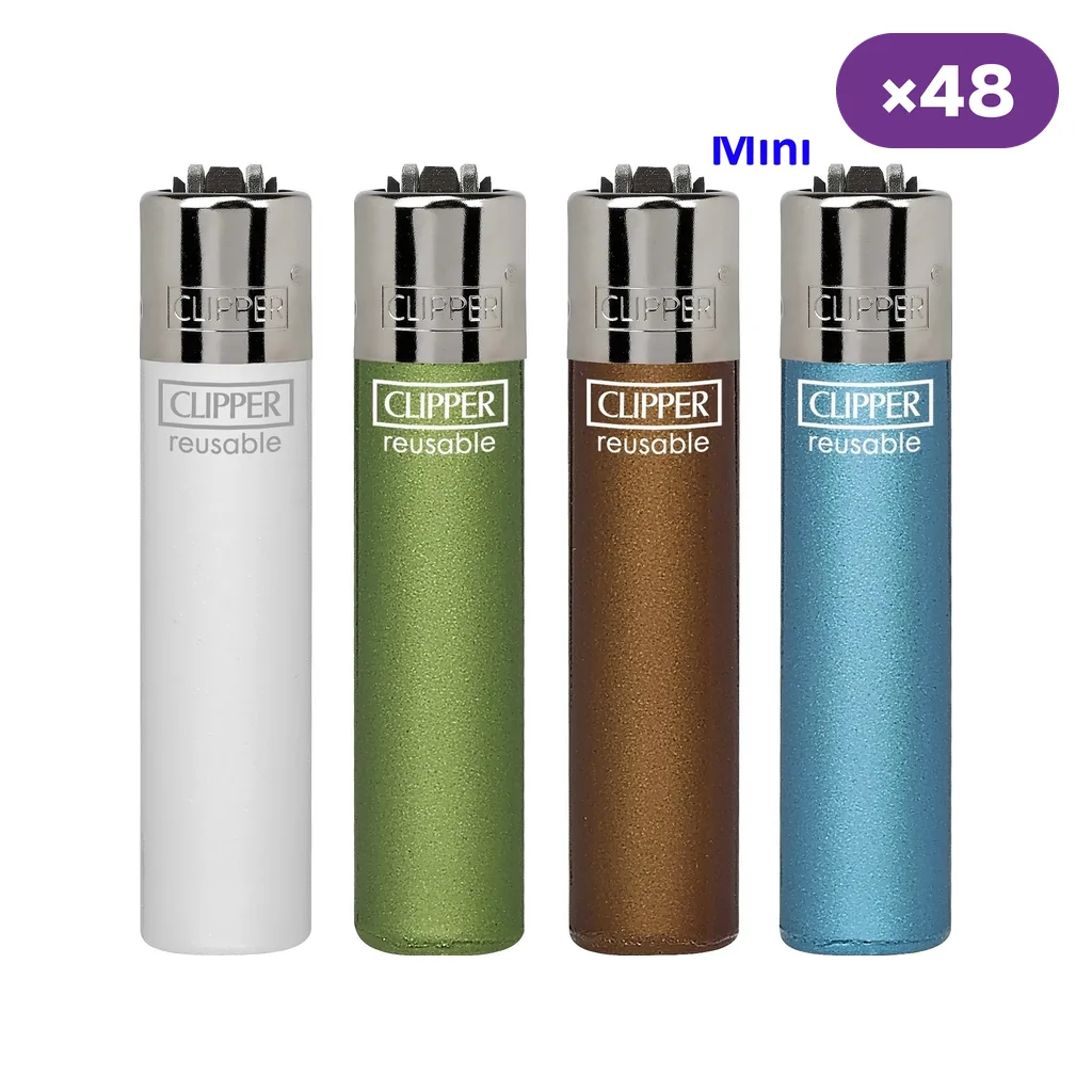Encendedores Mini Clipper Crystal 13 en blanco, verde, marrón y azul, con cabezales plateados y rótulo de 48 unidades.