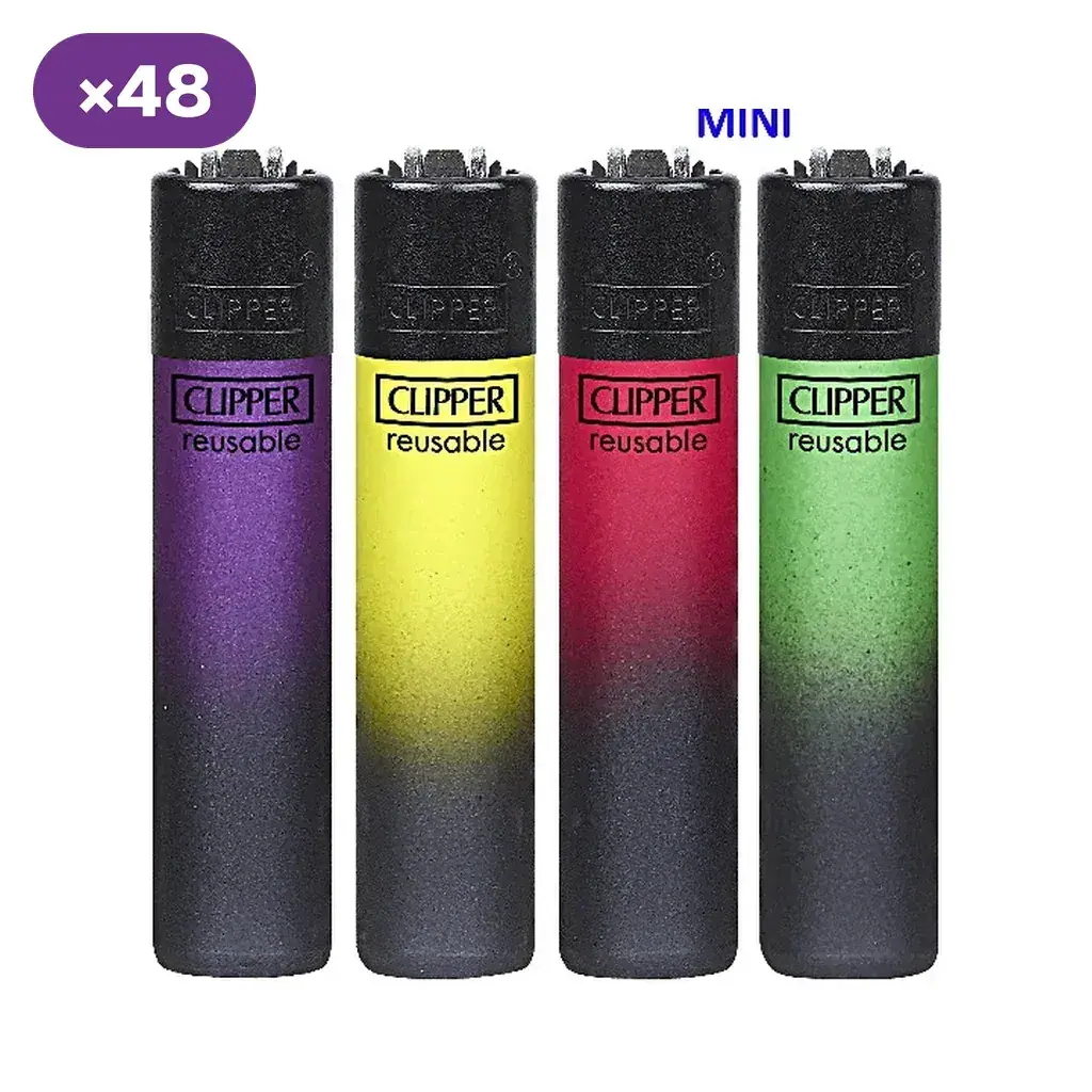 Encendedores Clipper Mini con degradados violeta, amarillo, rojo y verde hacia negro; aparecen el texto MINI y el distintivo de 48 unidades. Encendedores Clipper Mini con degradados violeta, amarillo, rojo y verde hacia negro; aparecen el texto MINI y el distintivo de 48 unidades.