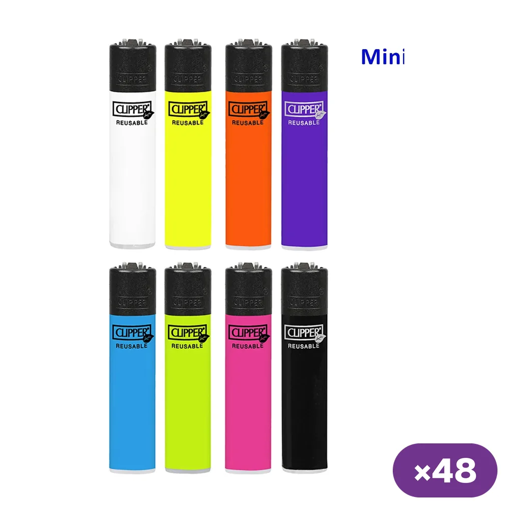 Selección de ocho encendedores Clipper Mini de distintos colores, dispuestos en dos filas, con los textos Mini y ×48.
