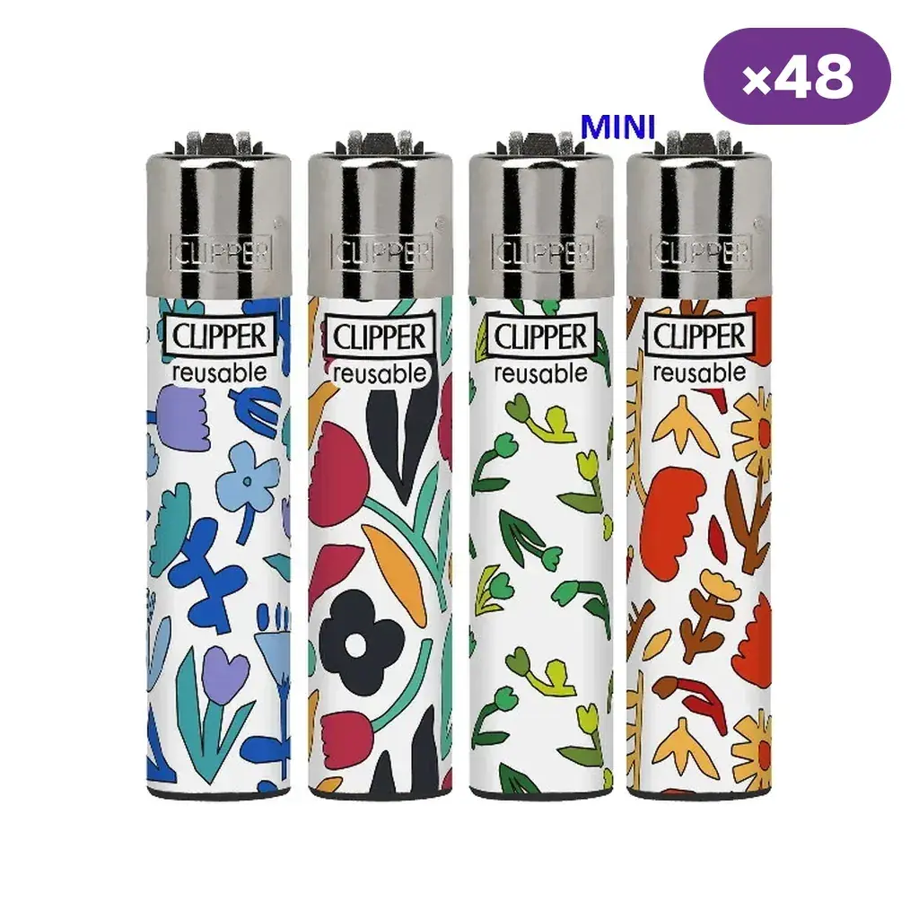 Cuatro modelos de encendedor Clipper Mini Flowing 3 con motivos vegetales de distintos colores sobre fondo blanco.