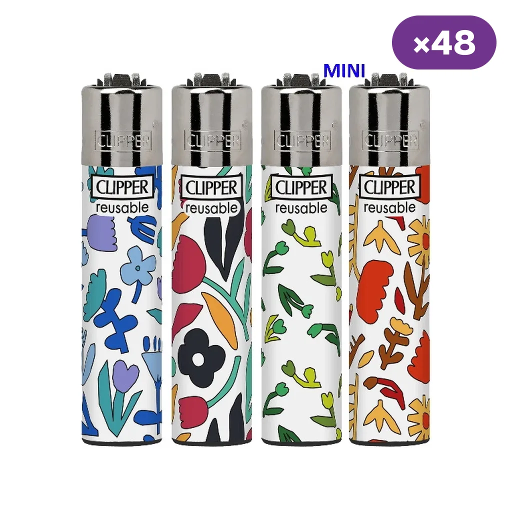 Cuatro modelos de encendedor Clipper Mini Flowing 3 con motivos vegetales de distintos colores sobre fondo blanco.