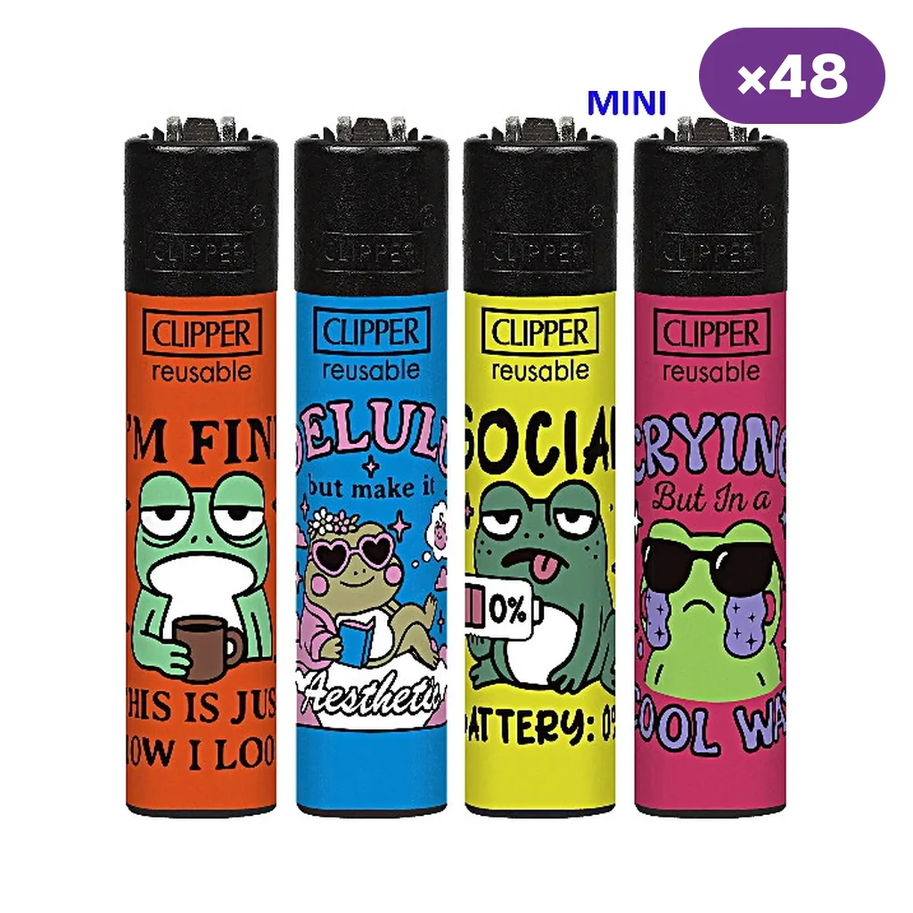 Cuatro diseños de encendedores Clipper Mini Funny Frogs en naranja, azul, amarillo y rosa, con ranas ilustradas e indicación ×48.