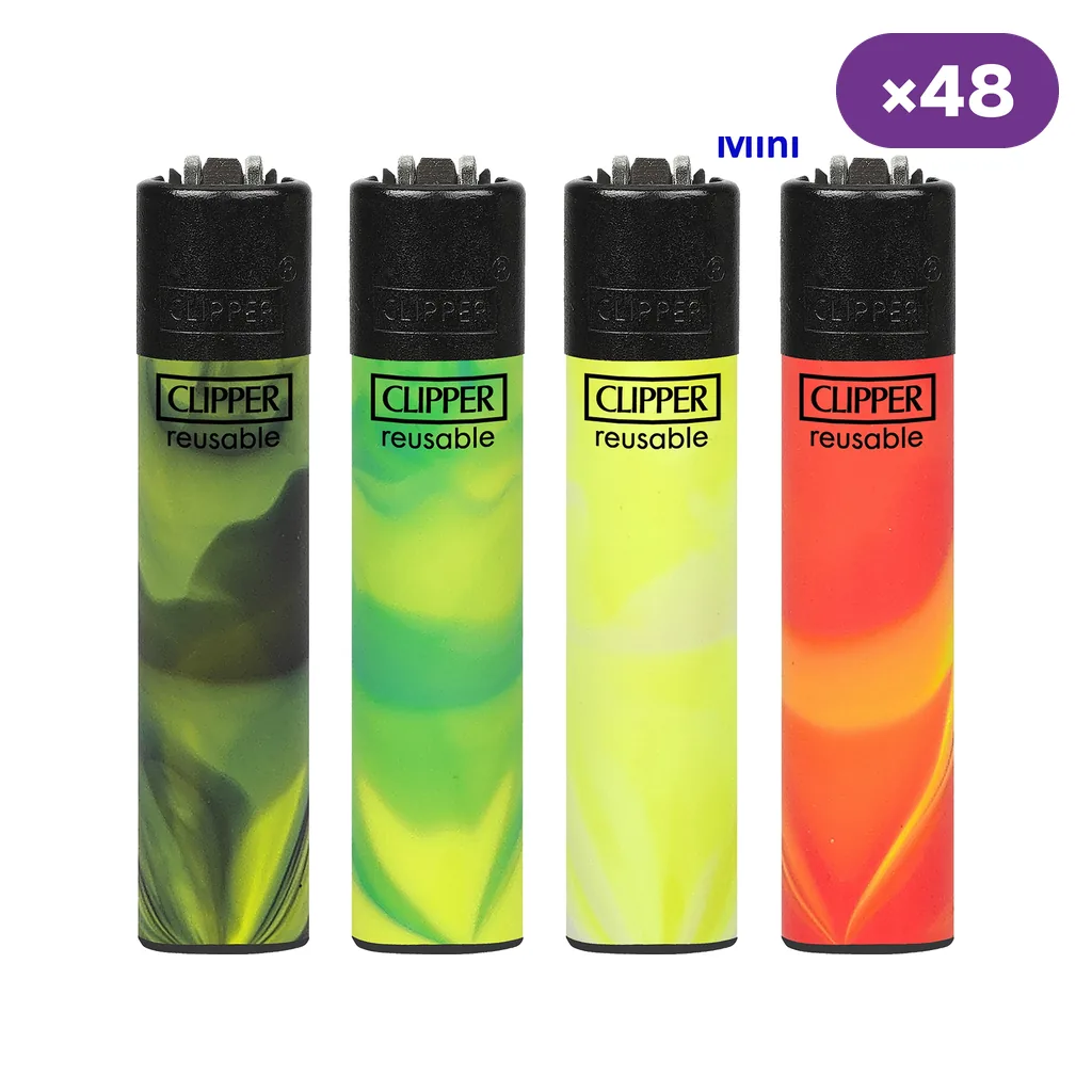Selección de encendedores Clipper Mini Nebula con diseños ondulados verdes, amarillos y rojos, cabezales negros y distintivo de 48 unidades.