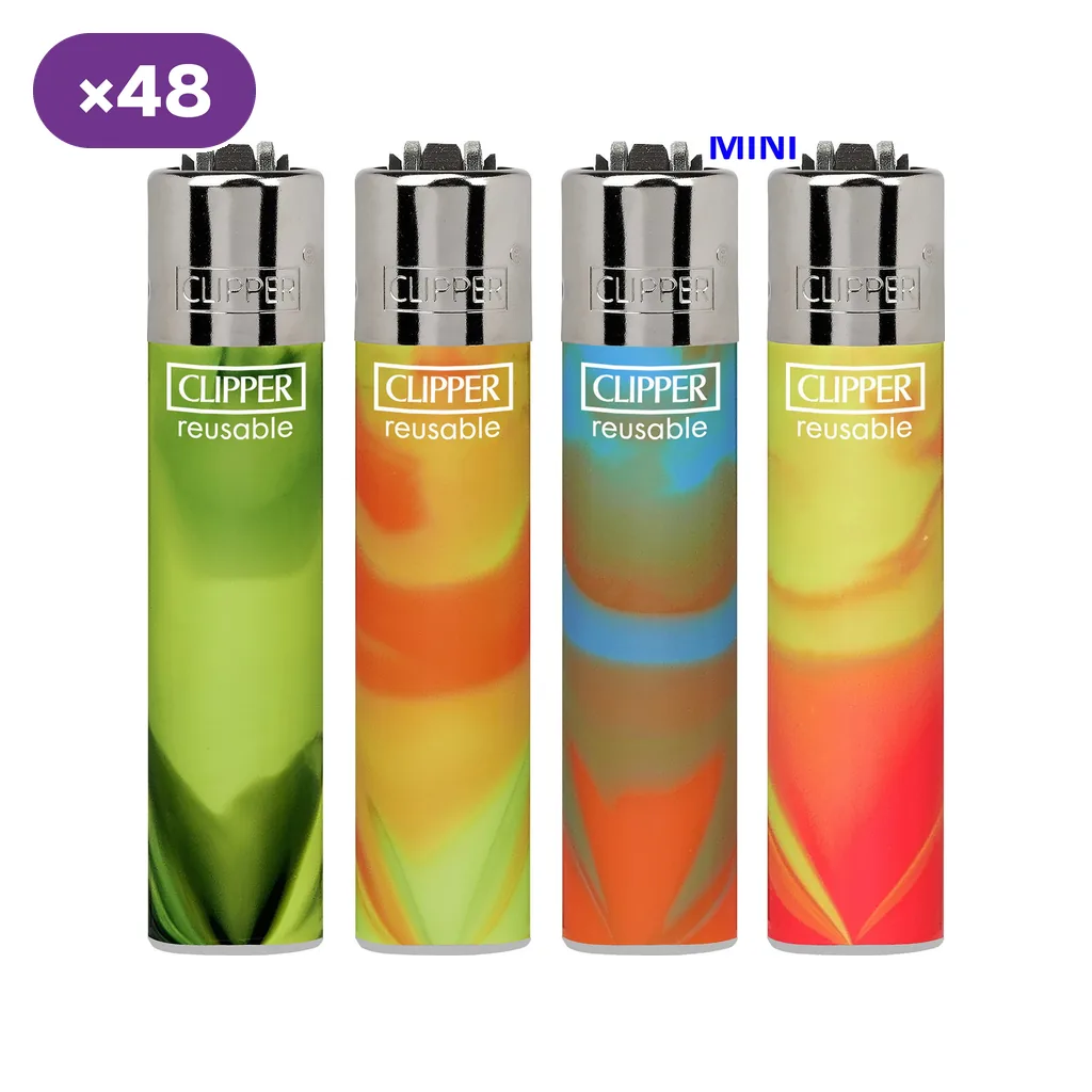 Selección de encendedores Clipper Mini Nebula Mix 6 con diseños multicolores, cabezales plateados y rótulos «MINI» y «×48».