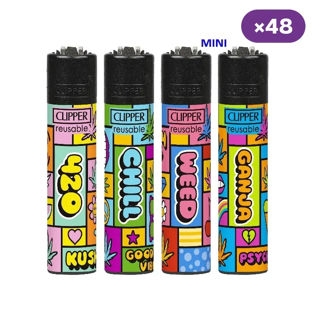 Cuatro diseños de encendedor Clipper Mini Pop Weed con cuadros multicolor y textos como «CHILL» y «WEED», junto al distintivo ×48. Cuatro diseños de encendedor Clipper Mini Pop Weed con cuadros multicolor y textos como «CHILL» y «WEED», junto al distintivo ×48.