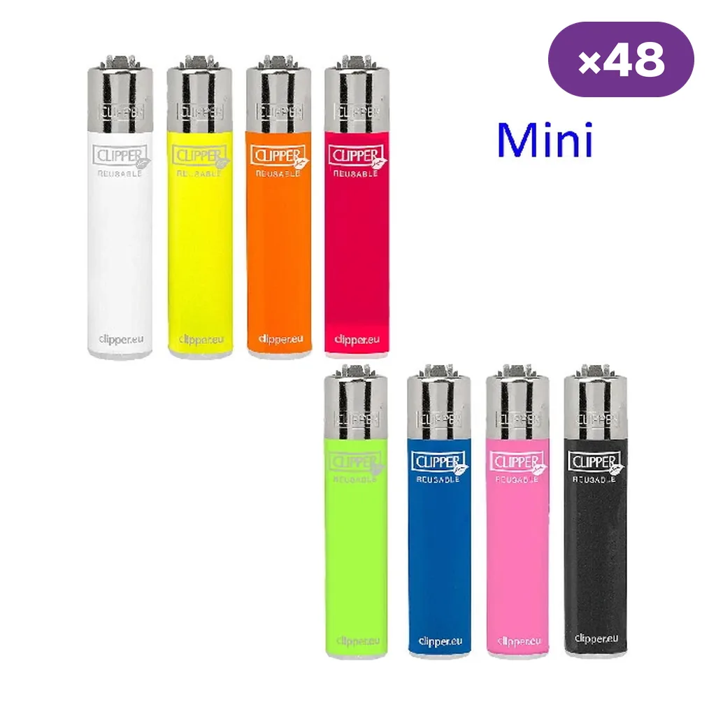 Selección de encendedores Clipper Mini Solid en varios colores, con cabezal plateado y los rótulos «Mini» y «×48».