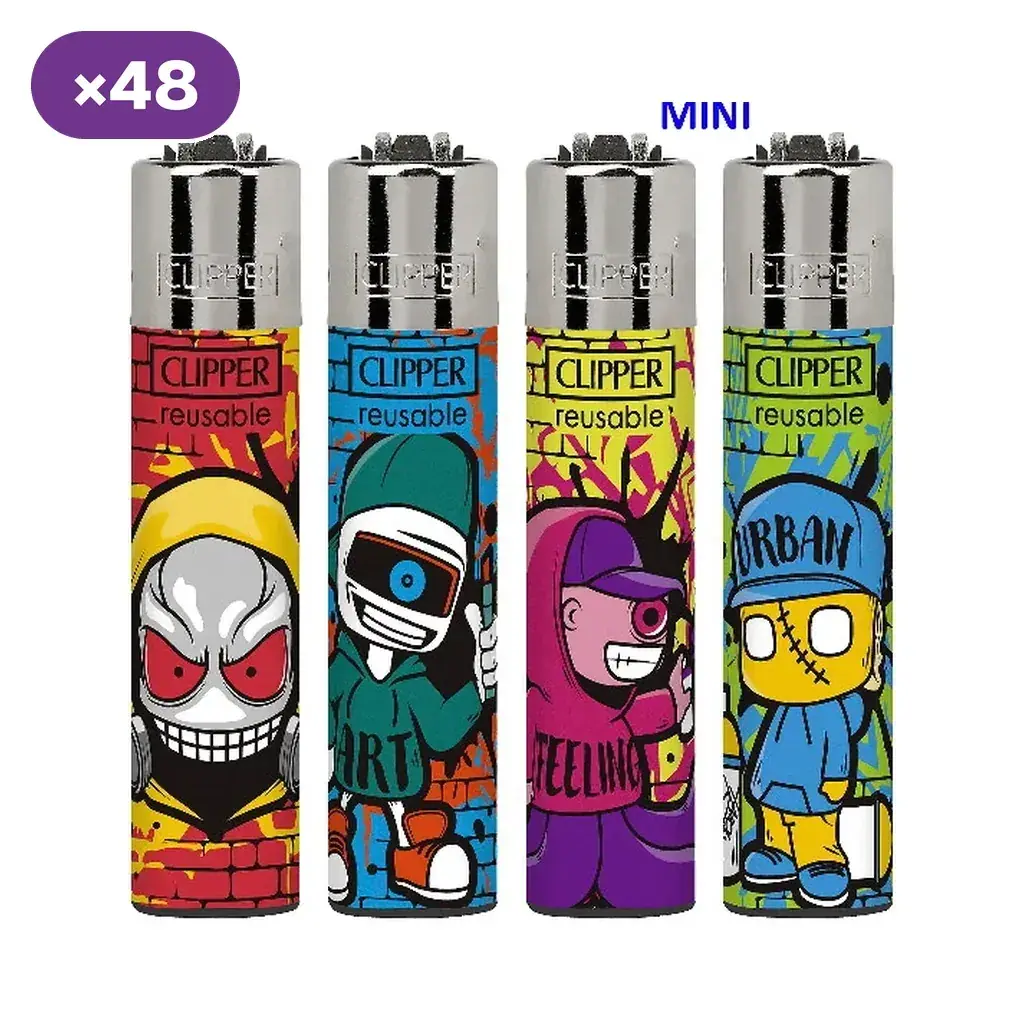 Selección de encendedores Clipper Mini Urban Essence con personajes de estilo grafiti en distintos colores y cabezales plateados. Selección de encendedores Clipper Mini Urban Essence con personajes de estilo grafiti en distintos colores y cabezales plateados.