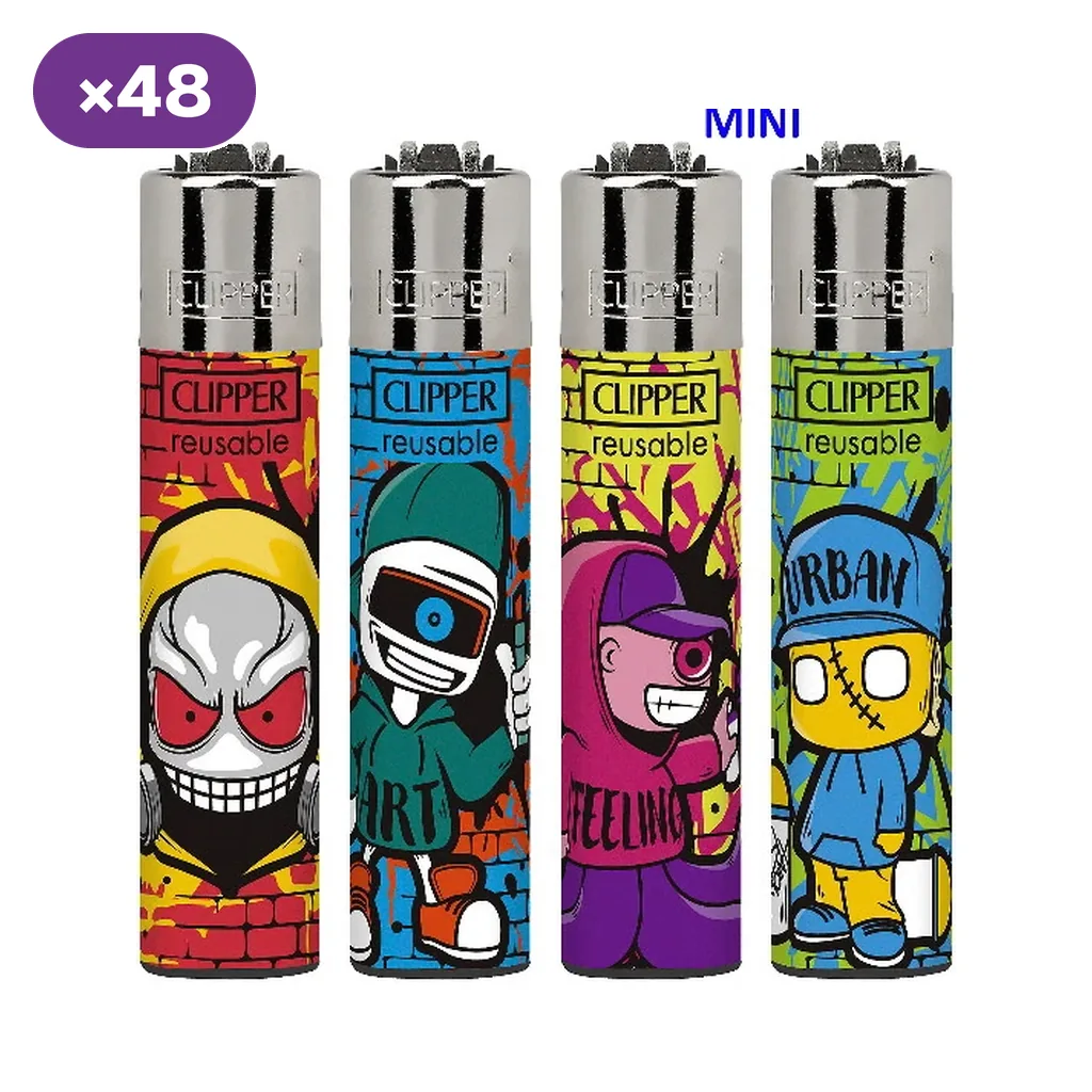 Selección de encendedores Clipper Mini Urban Essence con personajes de estilo grafiti en distintos colores y cabezales plateados.