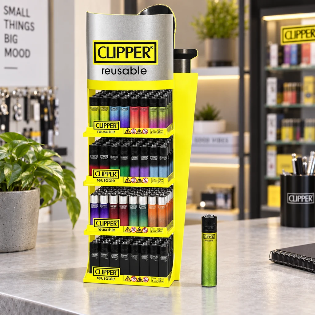 Expositor amarillo Clipper de cuatro niveles con encendedores de distintos colores y uno verde colocado delante sobre el mostrador.