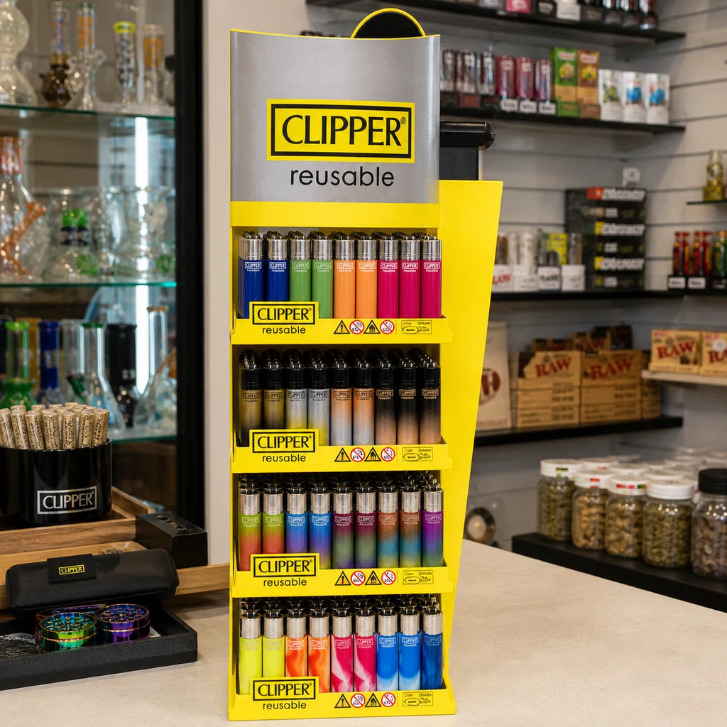 Expositor amarillo Clipper con varias filas de mecheros de distintos colores y diseños sobre el mostrador de una tienda en una escena generada.
