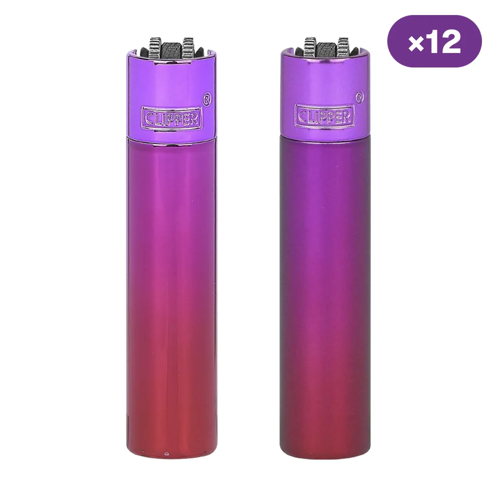 Encendedores Clipper Pink Gradient con acabado degradado violeta y rosa sobre fondo blanco y distintivo de 12 unidades.