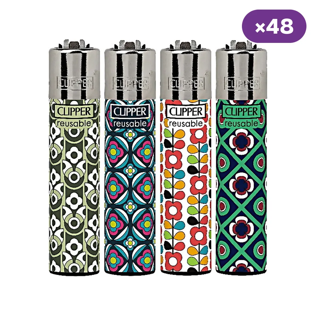 Selección de encendedores Clipper Retrospring con distintos estampados florales y geométricos, junto a un distintivo de 48 unidades.