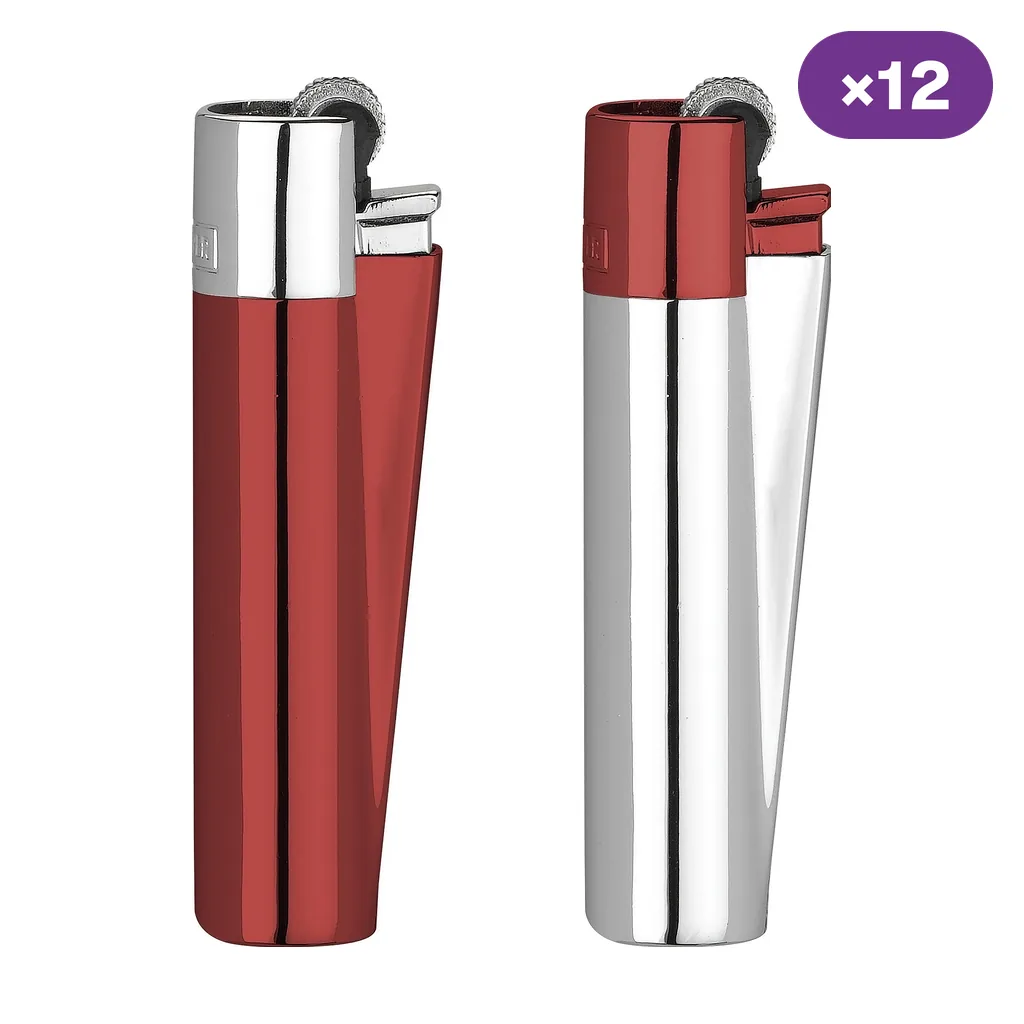 Encendedores Clipper Silver Devil en variantes roja con cabezal plateado y plateada con cabezal rojo, junto a un distintivo de 12 unidades.