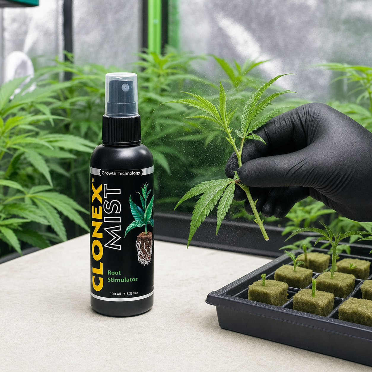Frasco de Clonex Mist junto a una mano con guante negro que sostiene un esqueje, con neblina visible y una bandeja de cubos de cultivo.