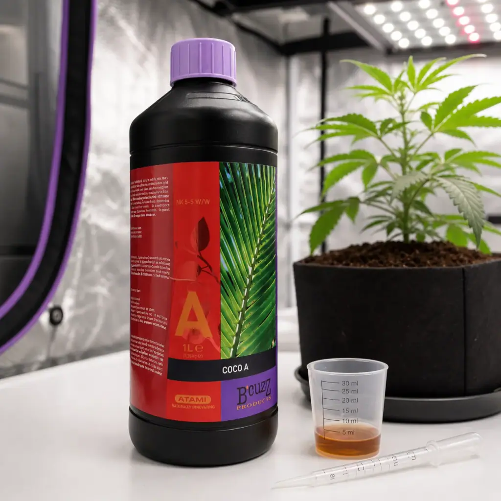 Botella de Atami B’cuzz Coco A con tapón lila, junto a un vaso dosificador con líquido ámbar y una pipeta, delante de una planta en maceta. Botella de Atami B’cuzz Coco A con tapón lila, junto a un vaso dosificador con líquido ámbar y una pipeta, delante de una planta en maceta.