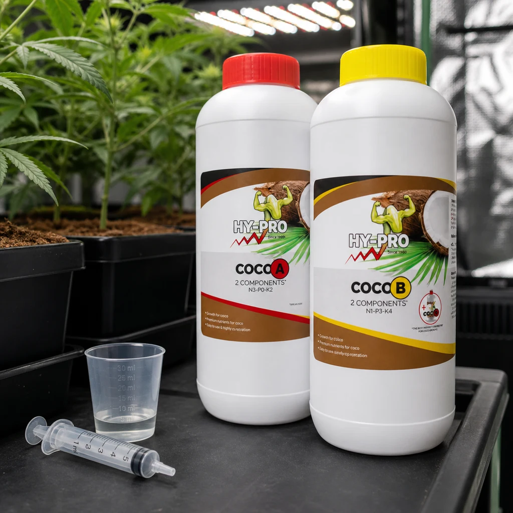 Botes HY-PRO Coco A y Coco B con tapones rojo y amarillo junto a un vaso graduado y una jeringa, con plantas de cannabis al fondo.