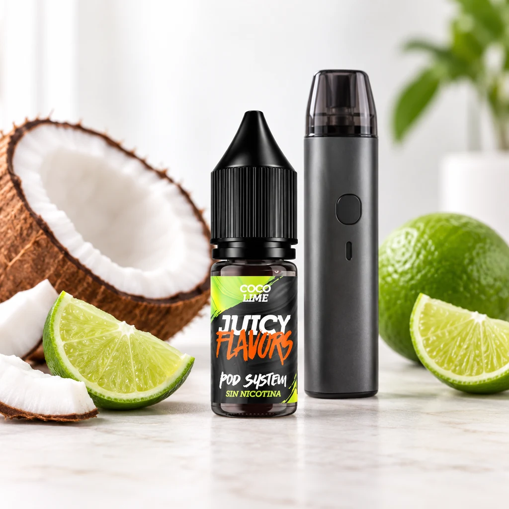 Frasco de e-líquido Coco Lime junto a un dispositivo de vapeo negro, rodeados de coco abierto y limas cortadas.