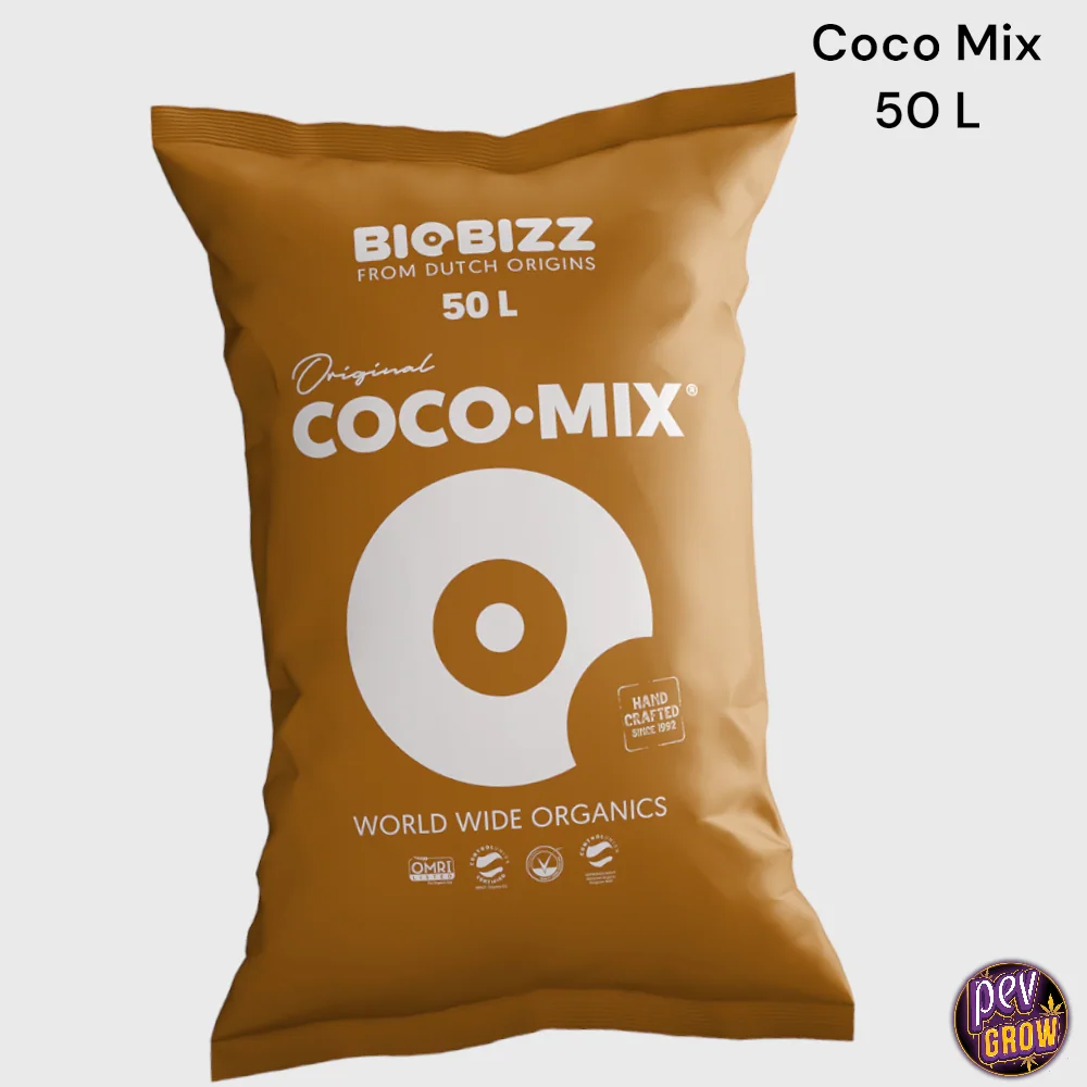 Saco ocre de Biobizz Coco Mix de 50 L, con letras blancas y un gran motivo circular blanco en el frontal, sobre fondo claro.