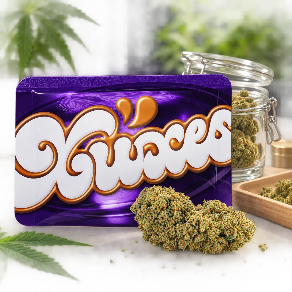 Bolsa morada de Xuxes Buds Cookies con cogollos delante y un tarro abierto al fondo, entre hojas de cannabis.