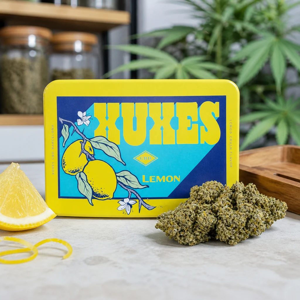 Lata amarilla Xuxes Lemon con dibujos de limones, junto a cogollos de cáñamo y un gajo de limón; al fondo hay tarros y una planta. Lata amarilla Xuxes Lemon con dibujos de limones, junto a cogollos de cáñamo y un gajo de limón; al fondo hay tarros y una planta.