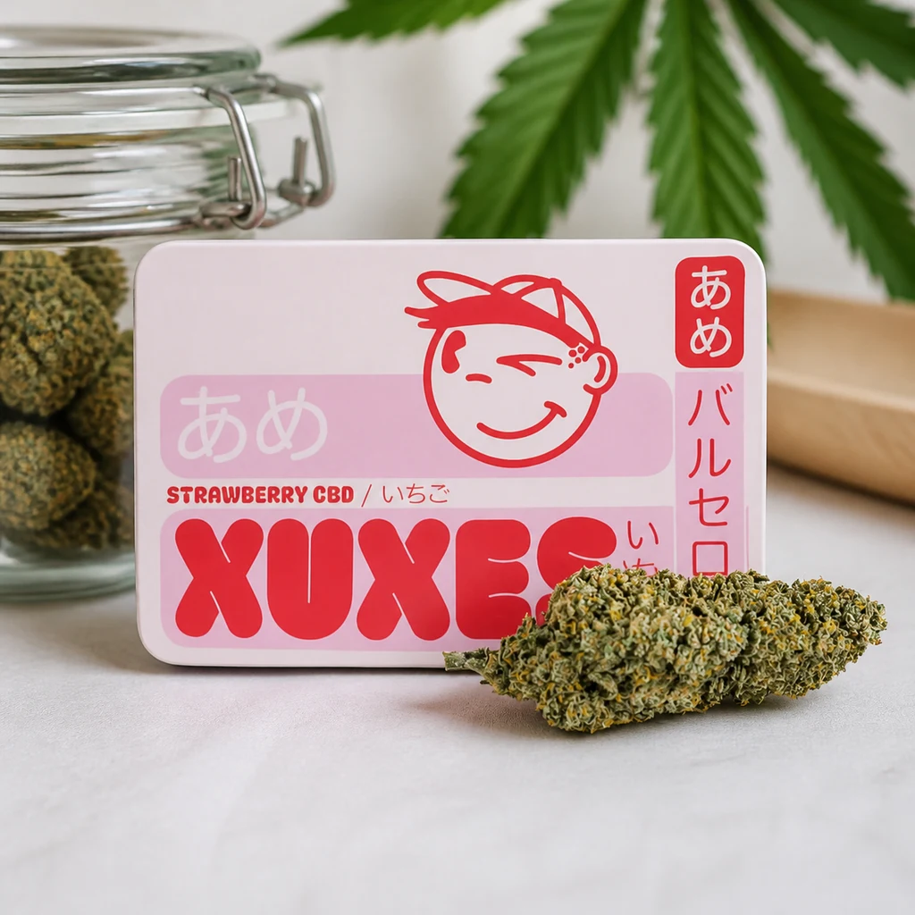 Estuche rosa Xuxes con el texto Strawberry CBD, un rostro dibujado en rojo y un cogollo delante; al fondo, un tarro con cogollos.