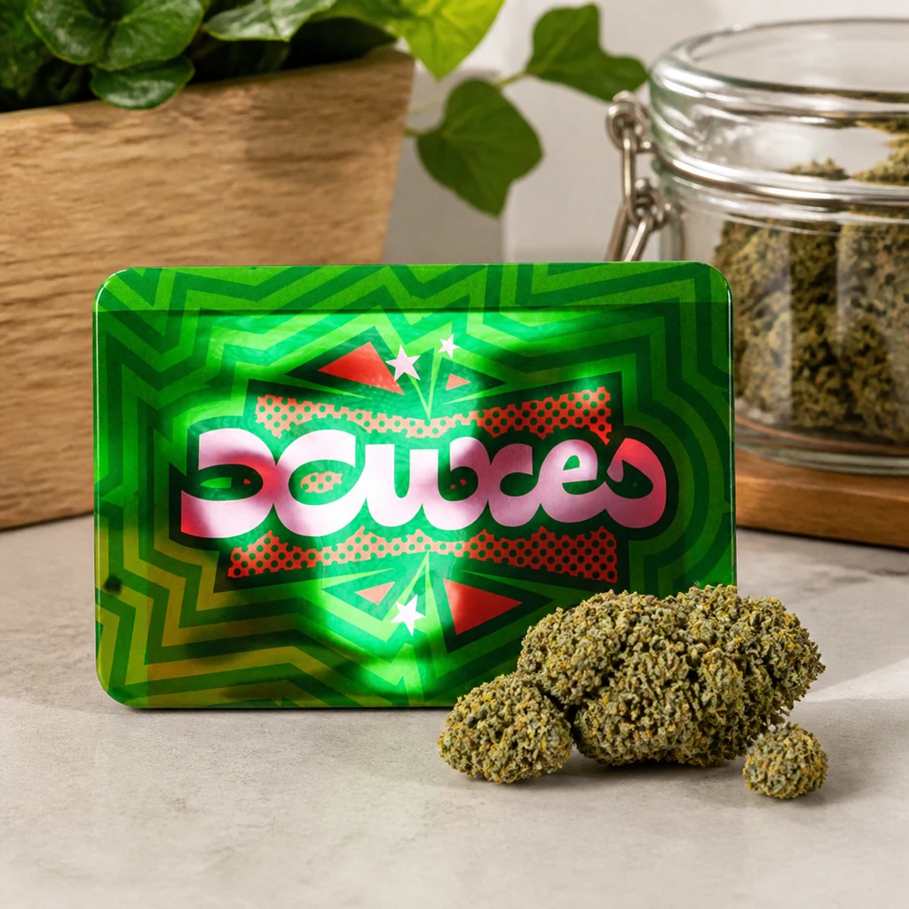 Flores de CBD Watermelon de Xuxes delante de un envase verde con letras rosas, con un tarro de cogollos al fondo.