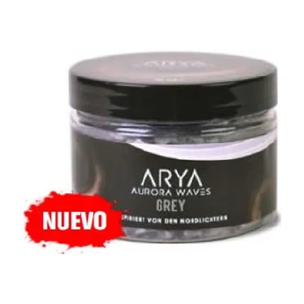 Bote de colorante para shisha Arya gris, con tapa negra y etiqueta «ARYA Aurora Waves GREY», junto a un distintivo rojo «NUEVO». Bote de colorante para shisha Arya gris, con tapa negra y etiqueta «ARYA Aurora Waves GREY», junto a un distintivo rojo «NUEVO».