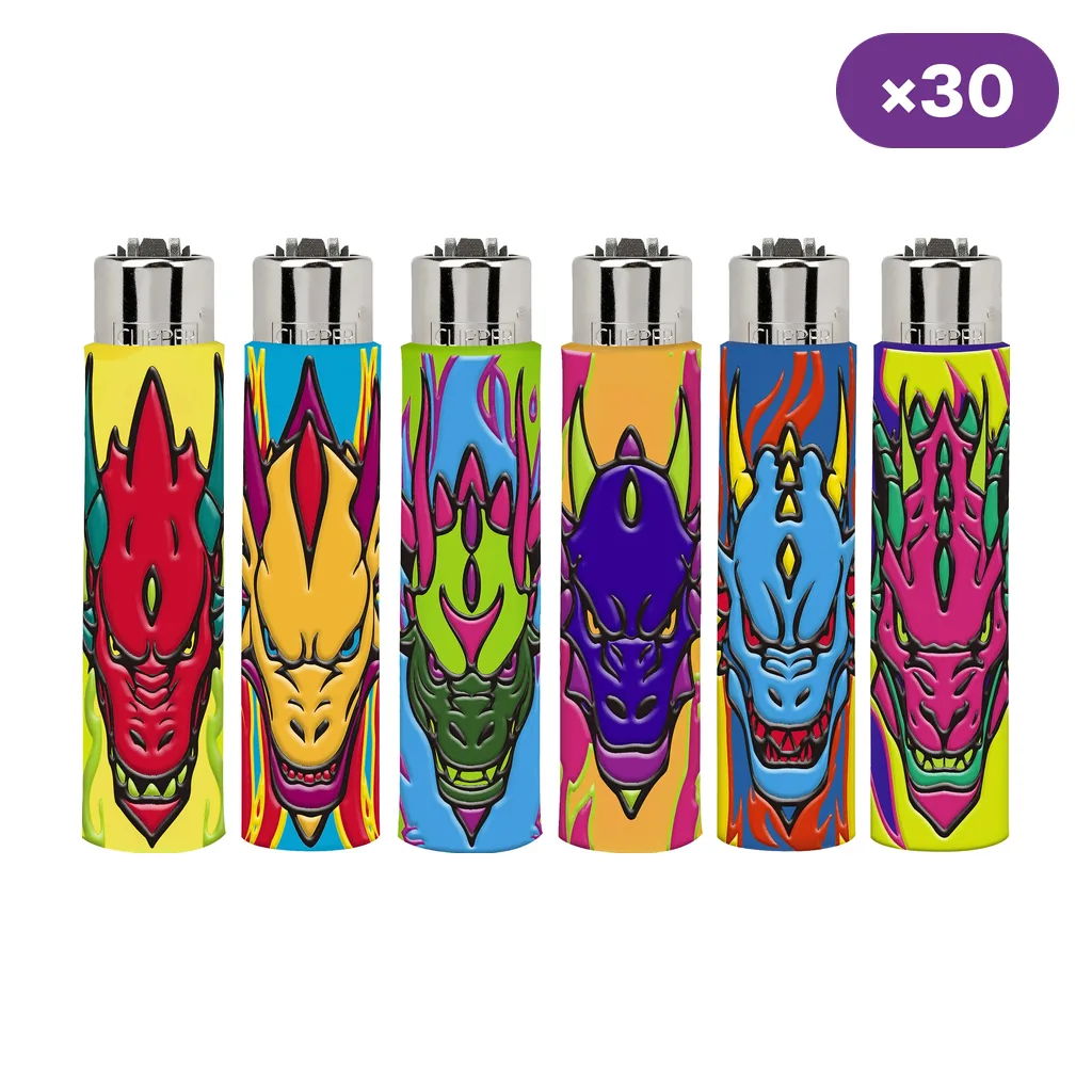 Selección de encendedores Clipper Colorful Dragons con fundas de dragones en colores vivos y distintivo de 30 unidades.