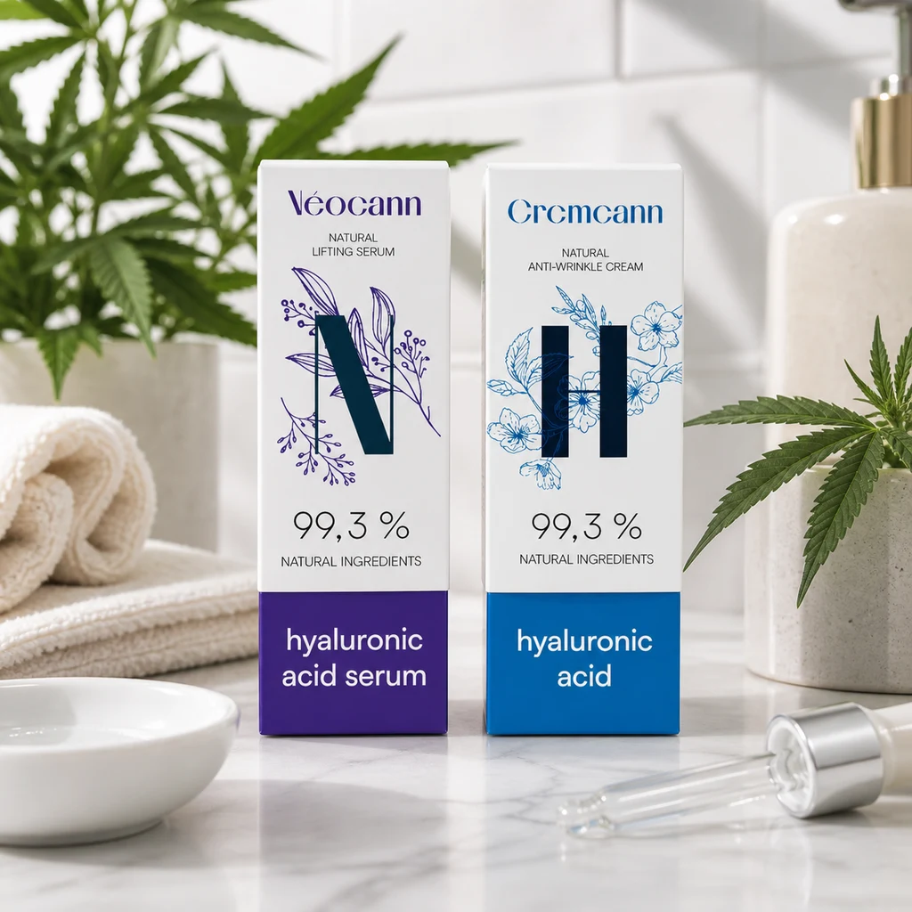 Cajas de sérum Véocann y crema Cremcann con ácido hialurónico, sobre una encimera con cuentagotas, toallas y plantas.