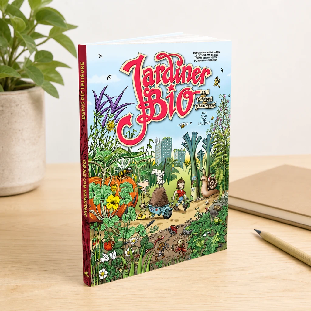 Libro en francés «Jardiner Bio en bandes dessinées», con portada ilustrada de un huerto, sobre una mesa junto a una planta y un lápiz. Libro en francés «Jardiner Bio en bandes dessinées», con portada ilustrada de un huerto, sobre una mesa junto a una planta y un lápiz.
