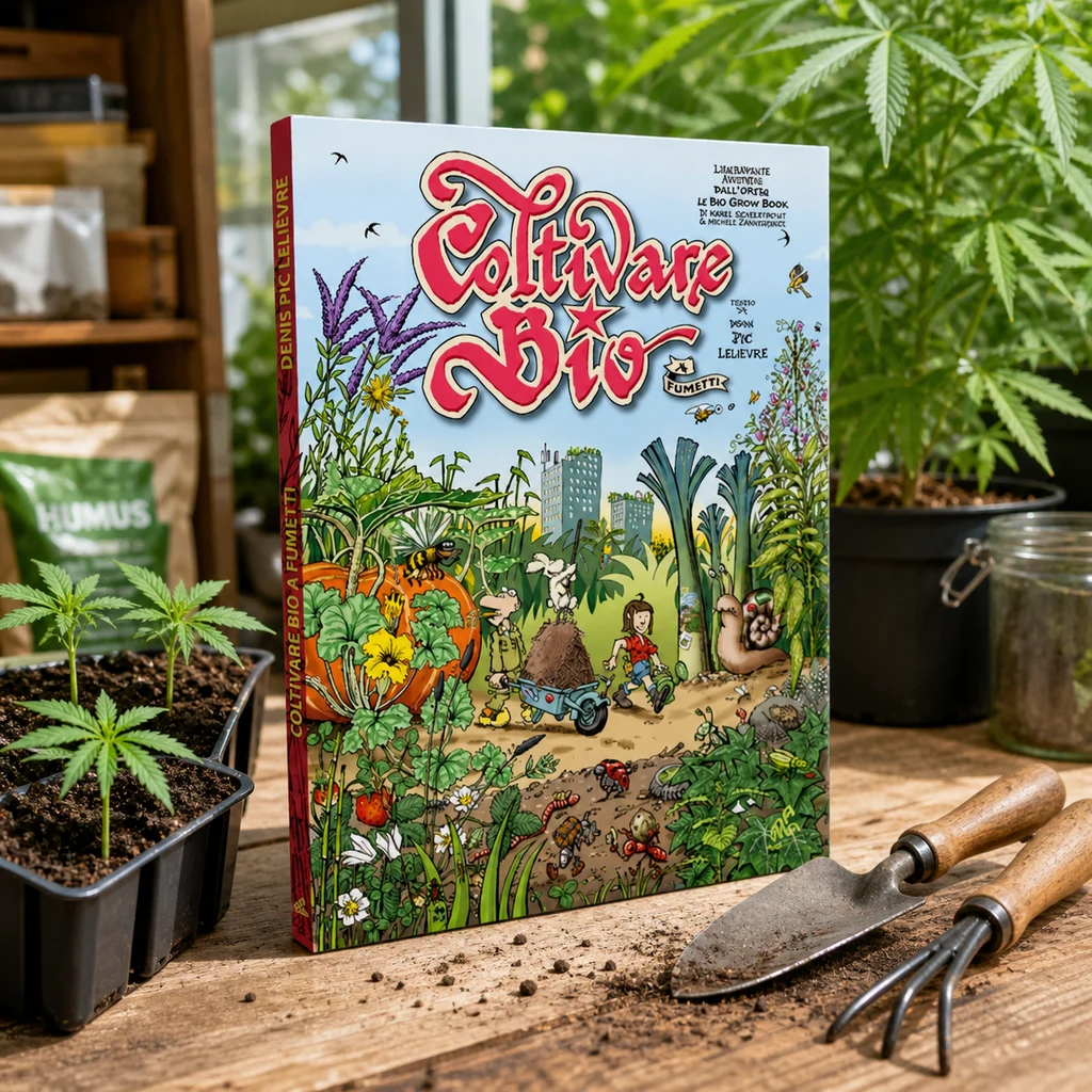 Cómic en italiano «Coltivare Bio» de pie sobre una mesa con tierra, junto a plántulas en macetas y herramientas de jardinería. Cómic en italiano «Coltivare Bio» de pie sobre una mesa con tierra, junto a plántulas en macetas y herramientas de jardinería.