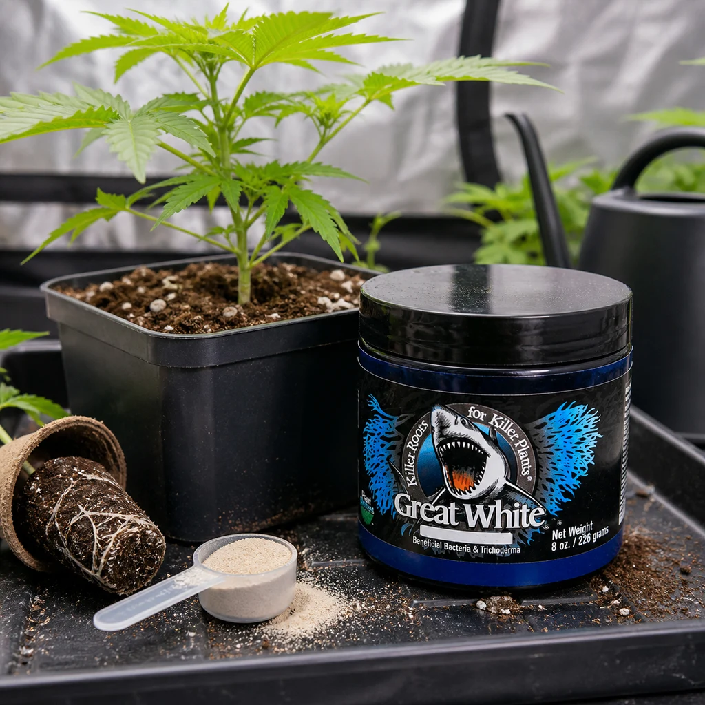 Bote de Great White con tapa negra junto a una planta en maceta, una cuchara con polvo claro y un cepellón con raíces visibles.