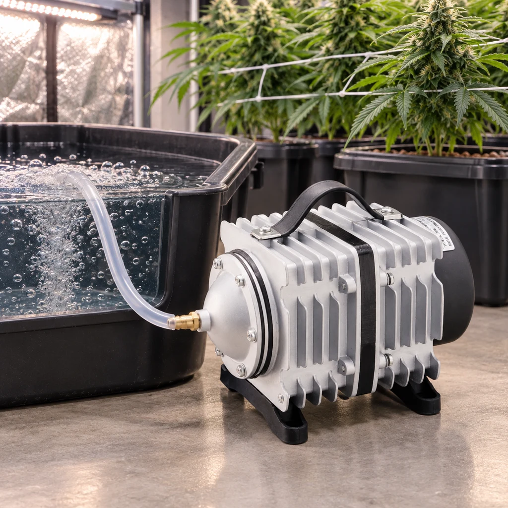 Compresor de aire portátil plateado y negro conectado por un tubo transparente a un depósito con burbujas, junto a plantas.