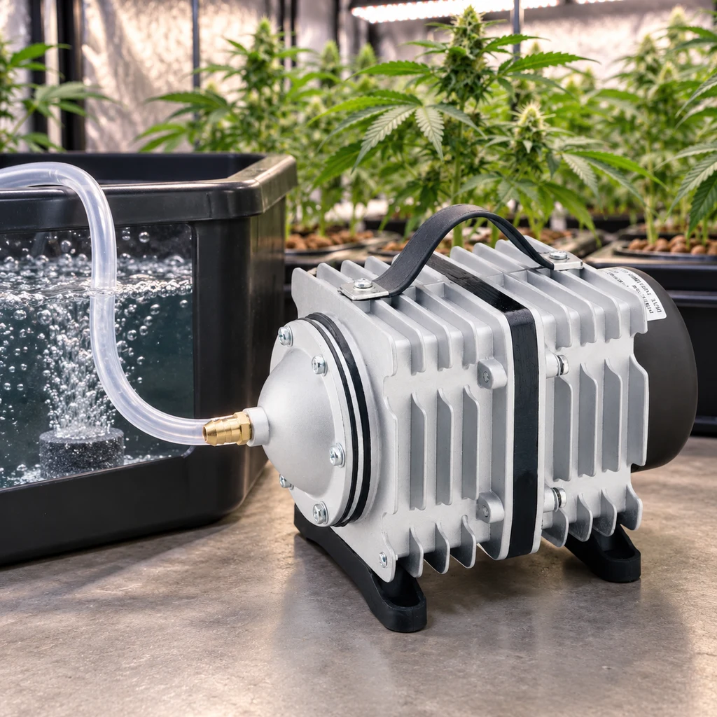 Compresor de aire portátil con carcasa de aletas y asa, conectado por un tubo a un recipiente con burbujas junto a plantas.